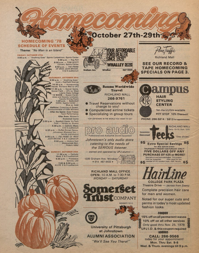 Homecoming Schedule 1978 Pitt Johnstown