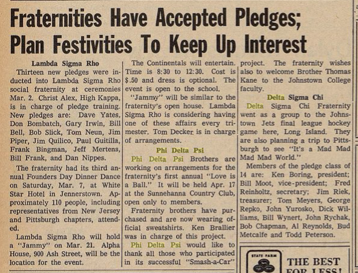 Panther Fraternities accept pledges March 20 1964